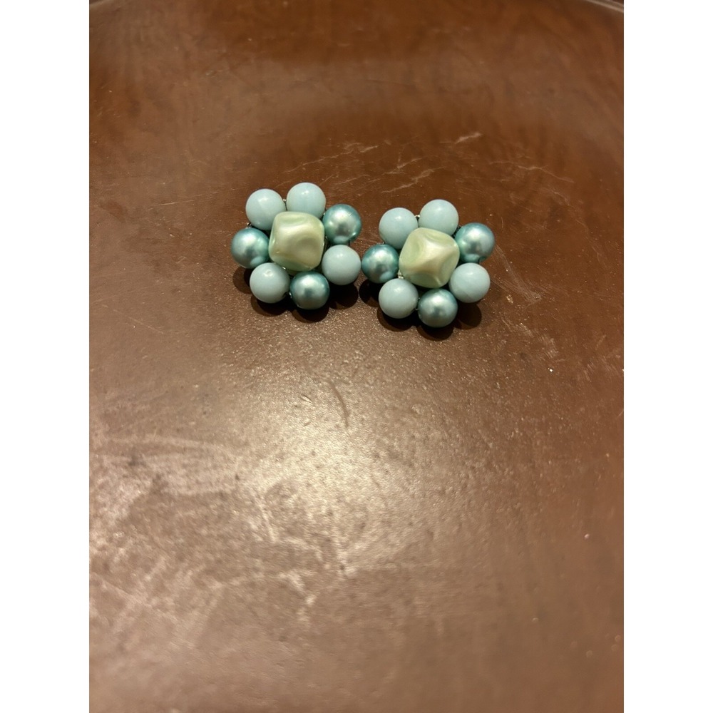 Vintage Clip Earrings Blue Beaded Round Japan